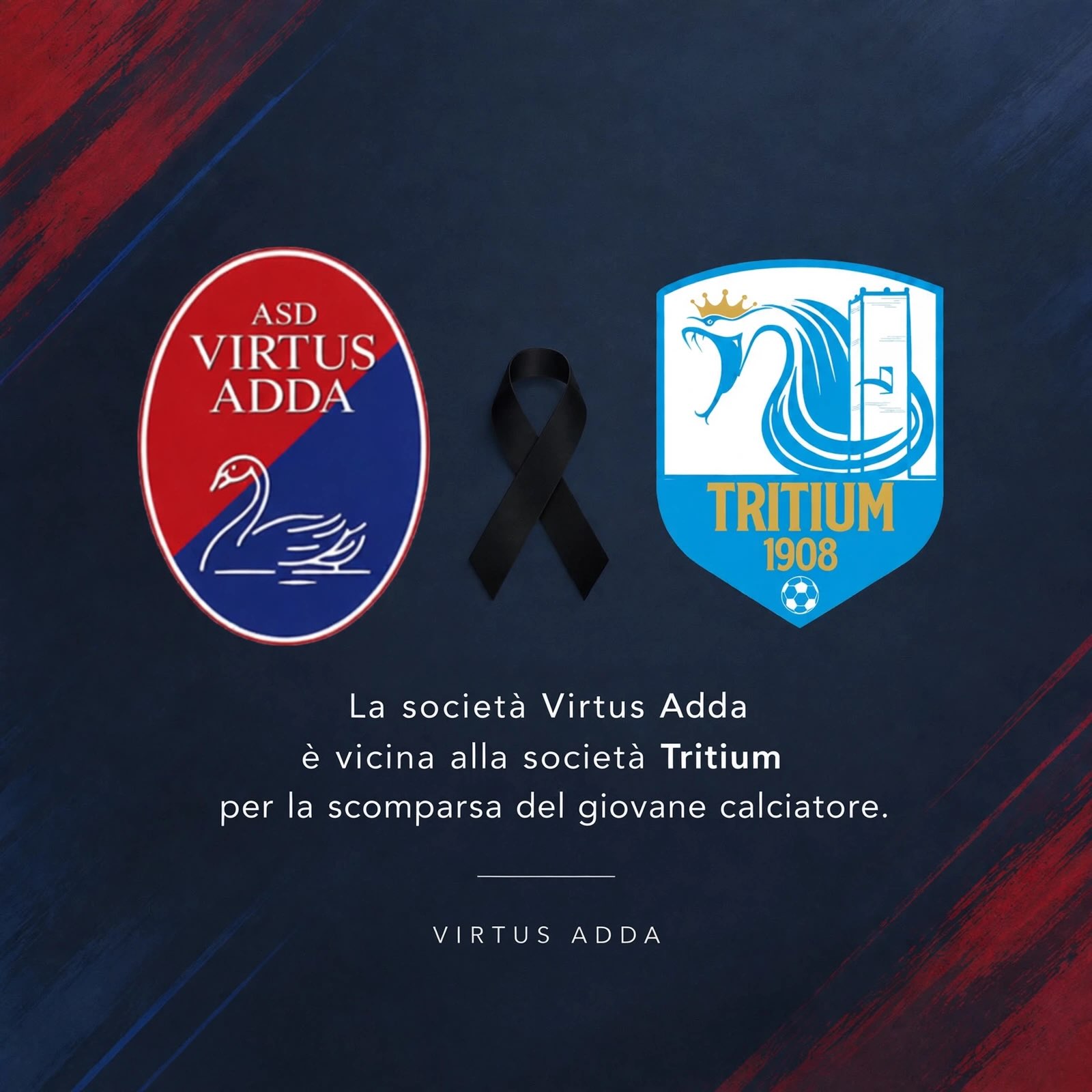 La Virtus Adda è vicina alla società Tritium per la scomparsa del giovane calciatore Ryan Laway